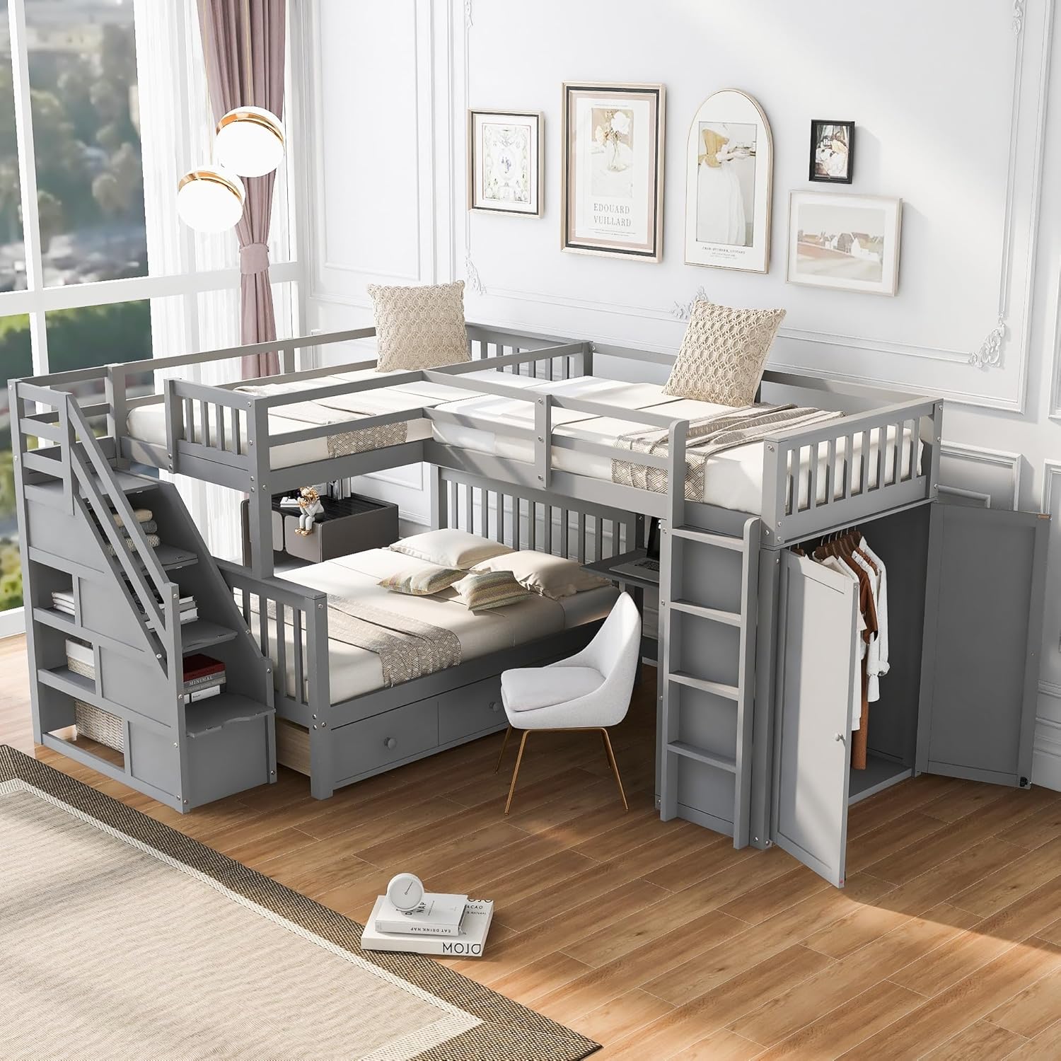 Twin-Twin Over Full L-Shaped Bunk Bed with 3 Drawers Wardrobe Solid Wood Grey H84046