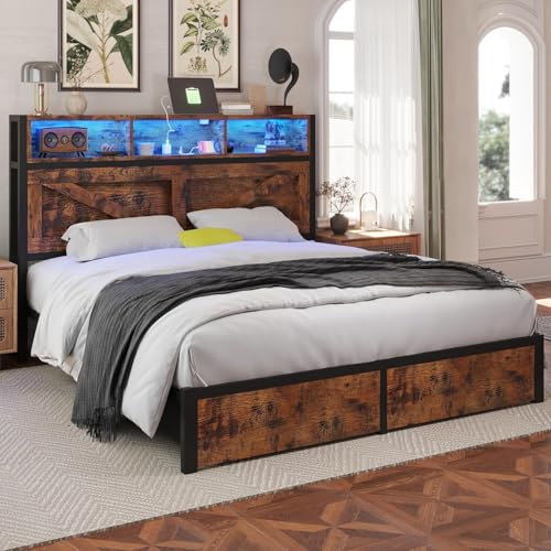 Rustic Brown Full Bed Frame with Bookcase Headboard and Storage Drawers Y8836