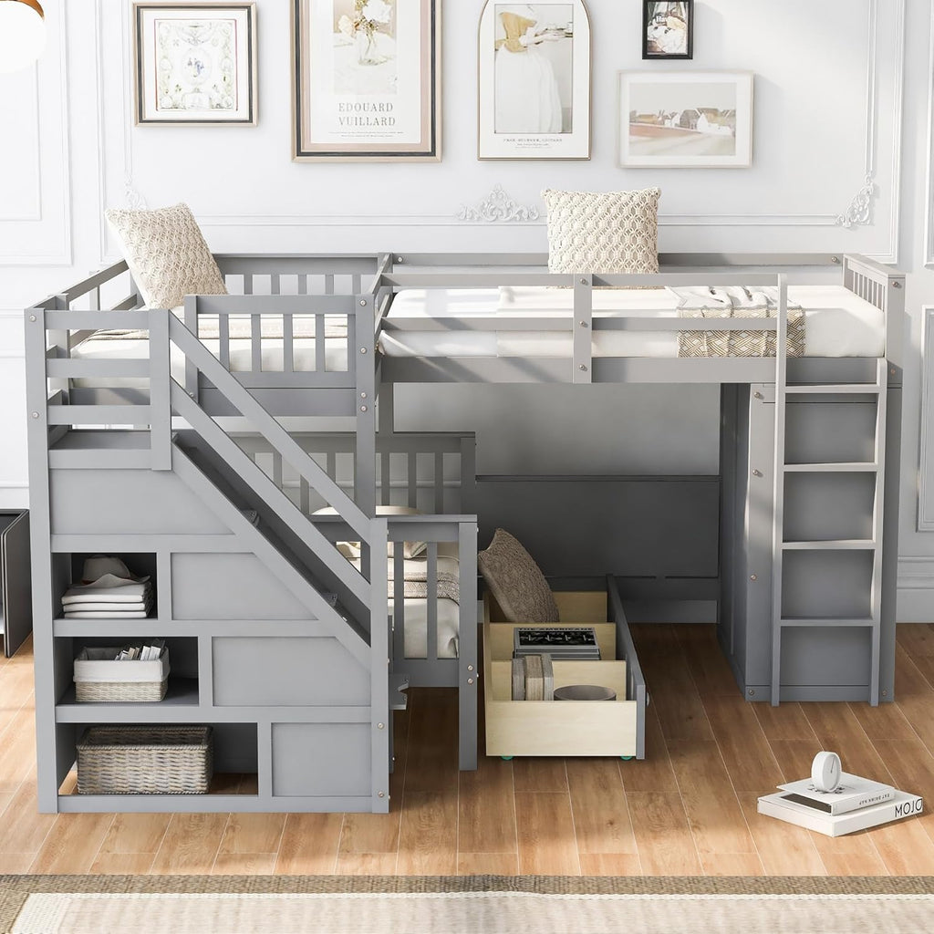 Twin-Twin Over Full L-Shaped Bunk Bed with 3 Drawers Wardrobe Solid Wood Grey H84046