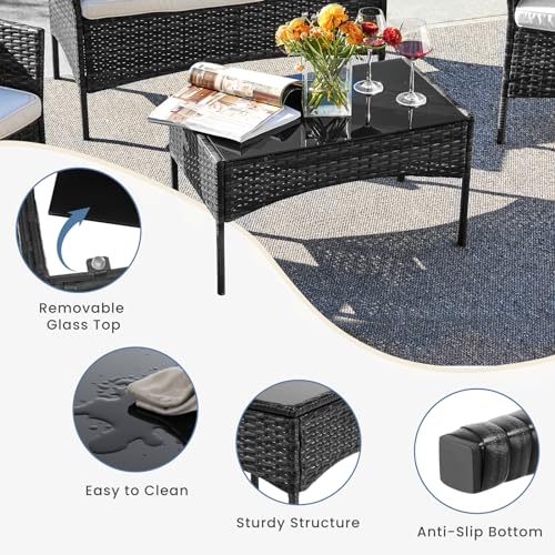 Black 4 Piece Outdoor Wicker Patio Furniture Set with Coffee Table and Sofa Q525845
