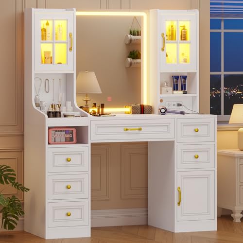 White Vanity Desk with Touch Screen Mirror and Lights, 6 Drawers N237208