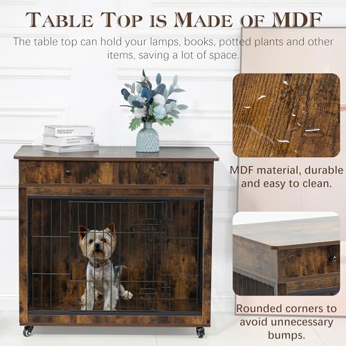 Grey 31.7" L×23.2" W×33" H Wooden Dog Crate with 2 Drawers Z86390