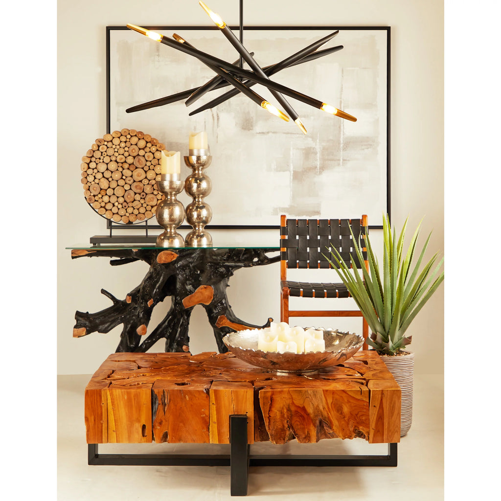 Black Teak Wood Console Table with Clear Glass Top X9588