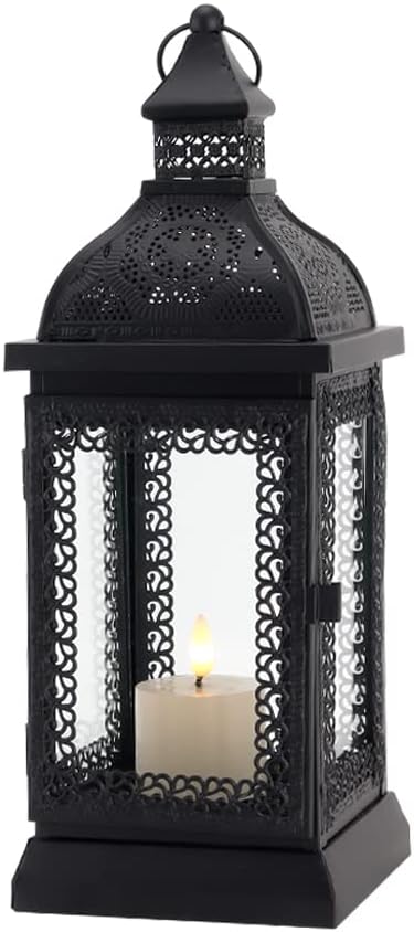 Black Metal Candle Lantern 13'' High with Tempered Glass W375