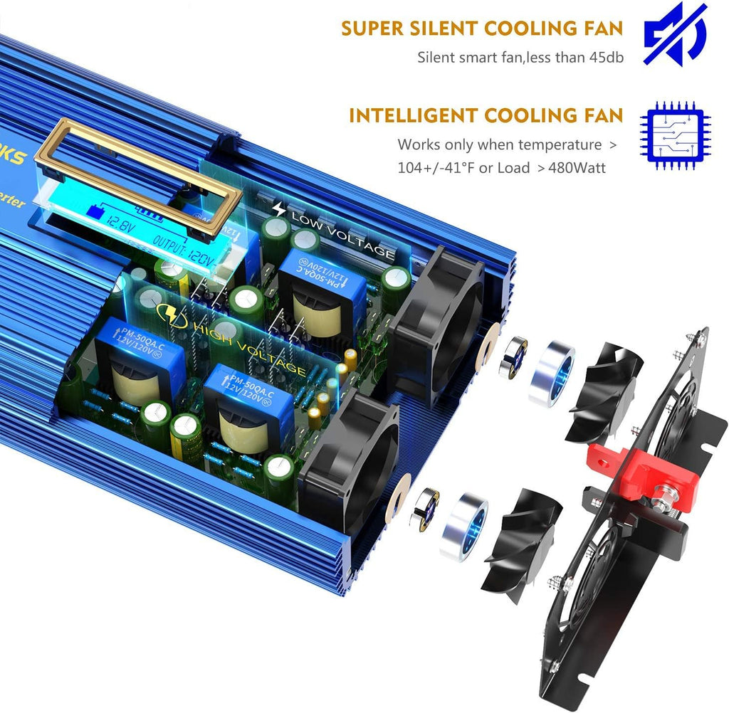 1500W Pure Sine Wave Power Inverter DC 12v to AC 110V-120V with Remote Control LCD Display O291