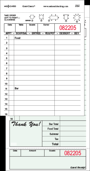 Carbon Backed Guest Check Board - 2 Part Green, 15 Line, 4.20 x 8.25 inch - 2500 per CASE V229