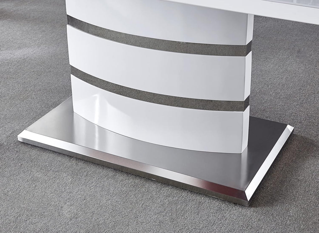 Extendable Dining Table with Butterfly Leaf, White High Gloss Lacquer MDF Base, Stainless Steel, 8 to 12 Person D448566