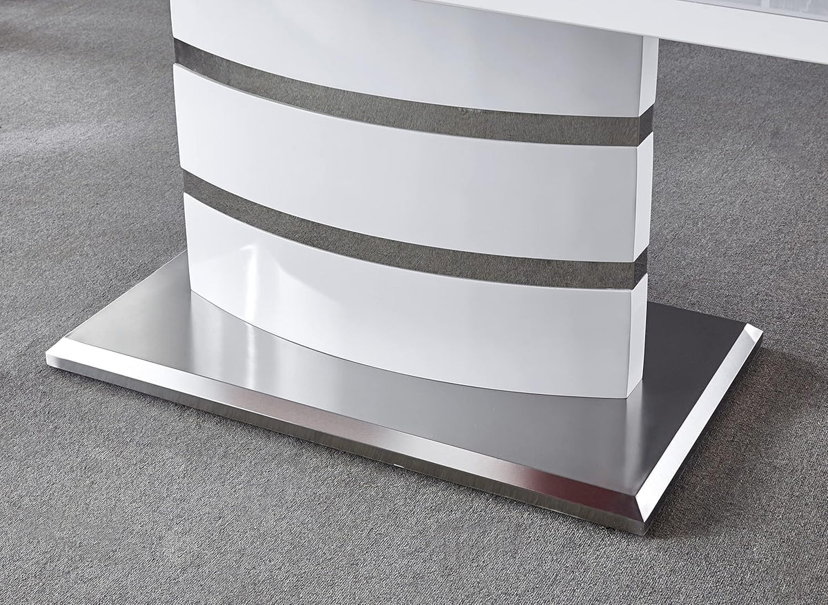 Extendable Dining Table with Butterfly Leaf, White High Gloss Lacquer MDF Base, Stainless Steel, 8 to 12 Person D448566