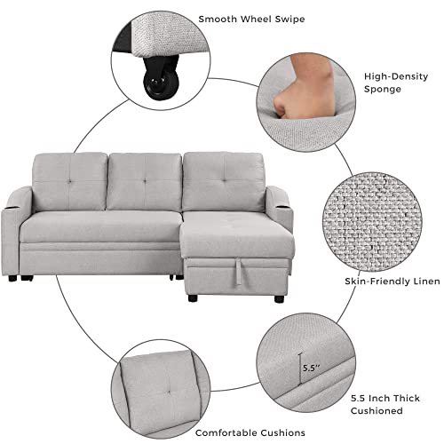 80.3" Linen Fabric 3 Seater Sofa Bed with Storage Chaise W1995