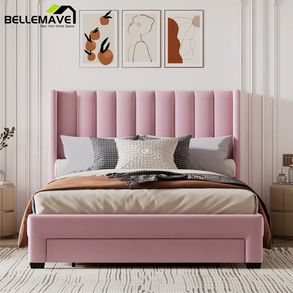 Queen Size Pink Velvet Upholstered Wood Platform Bed with Drawer I9098