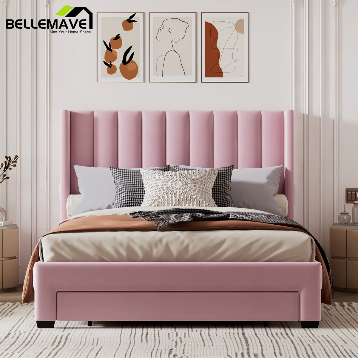 Queen Size Pink Velvet Upholstered Wood Platform Bed with Drawer I9098