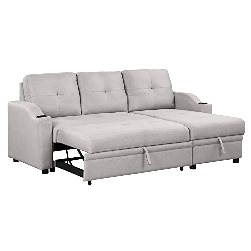80.3" Linen Fabric 3 Seater Sofa Bed with Storage Chaise W1995