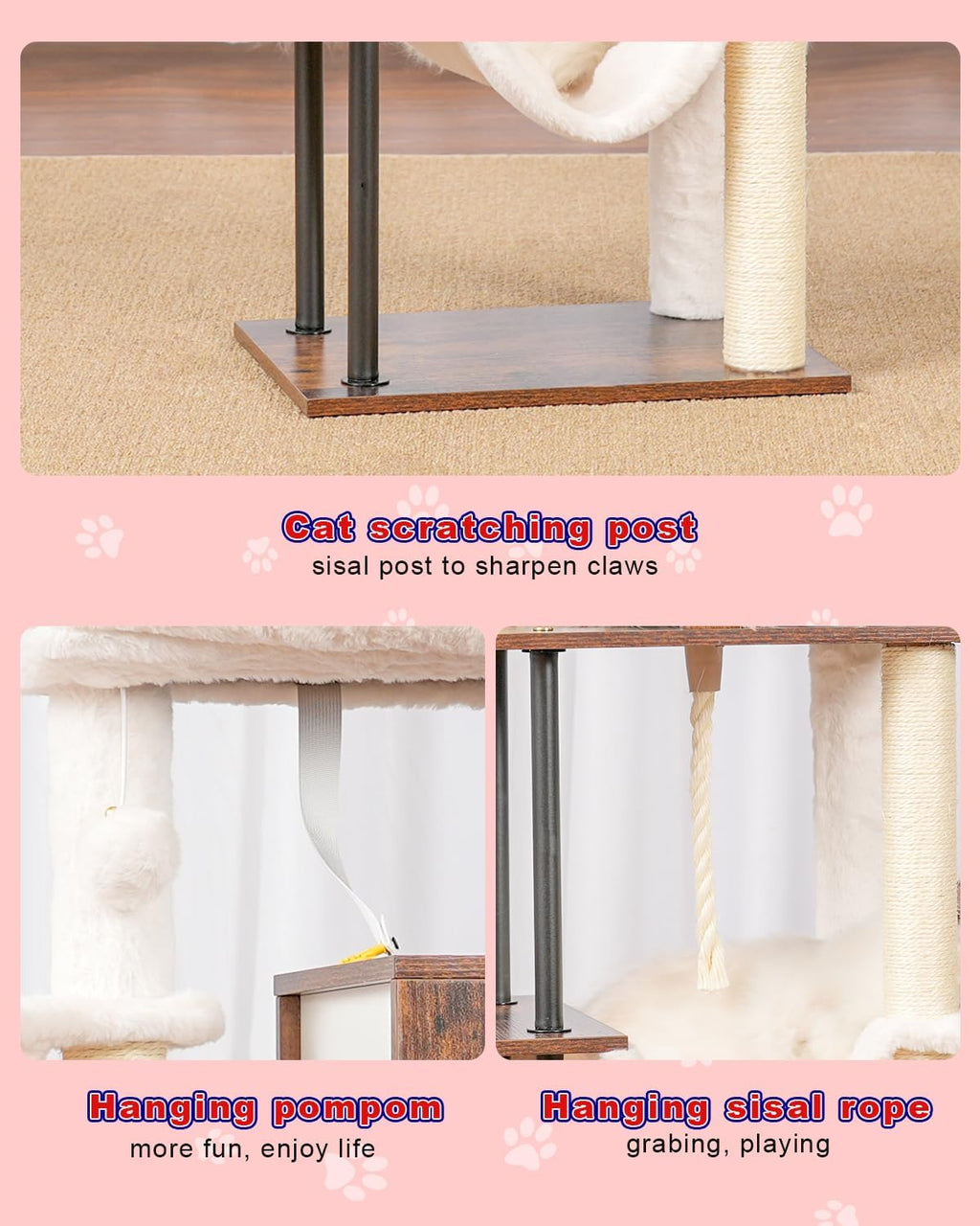 Rustic Brown 43.3in Wood Cat Tree with Sisal Rope Scratching Post T2072