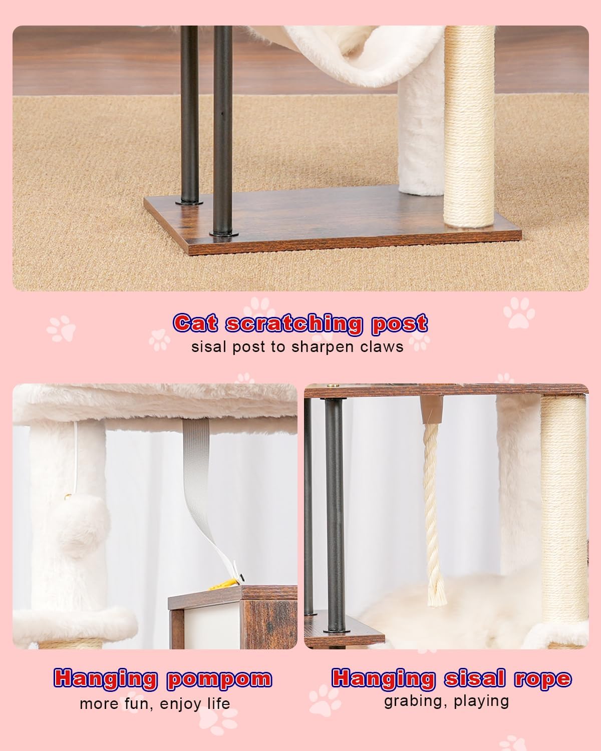Rustic Brown 43.3in Wood Cat Tree with Sisal Rope Scratching Post T2072