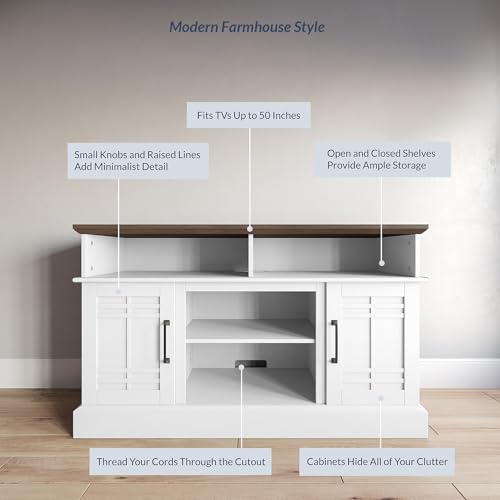 White Wood TV Stand with Open Storage Shelves and Cabinets D4660