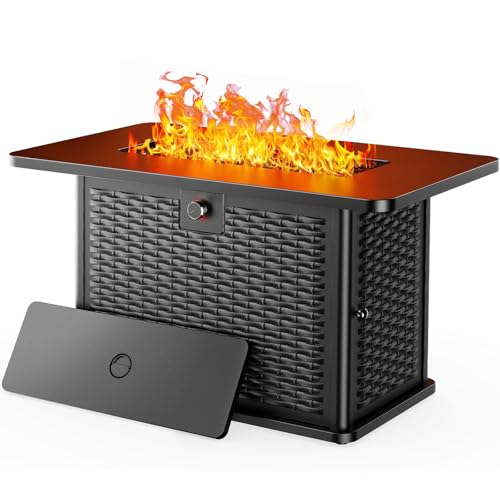 43-Inch Rectangular Propane Fire Pit with 60,000 BTU Output, Cover and Rocks, 304 Stainless Steel H-Burner Q241
