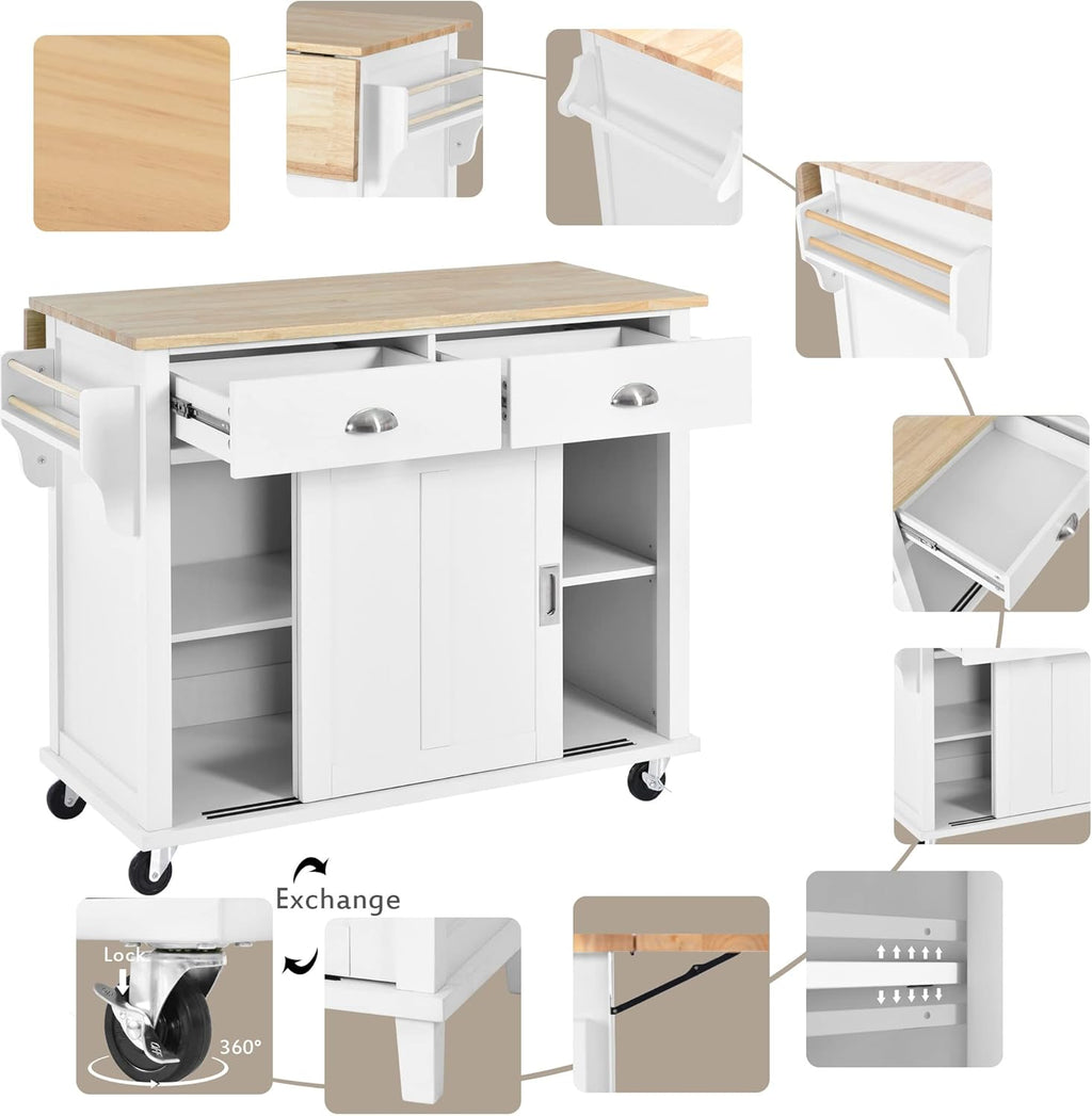 Mobile Kitchen Island Cart with Spice Rack and Towel Rack, Rolling Kitchen Island with Drop Leaf, 2 Drawers and Sliding Barn Doors N990506