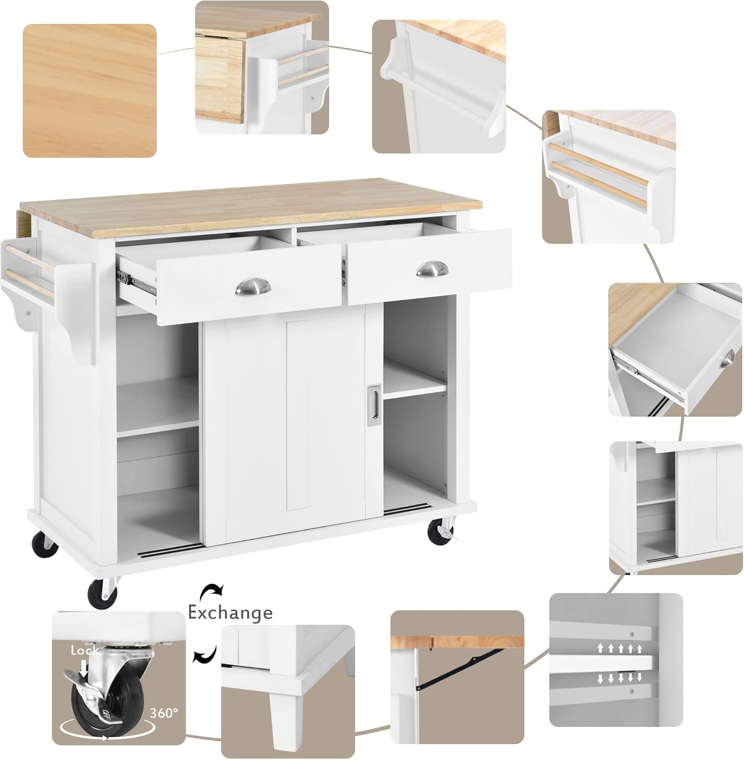 Mobile Kitchen Island Cart with Spice Rack and Towel Rack, Rolling Kitchen Island with Drop Leaf, 2 Drawers and Sliding Barn Doors N990506
