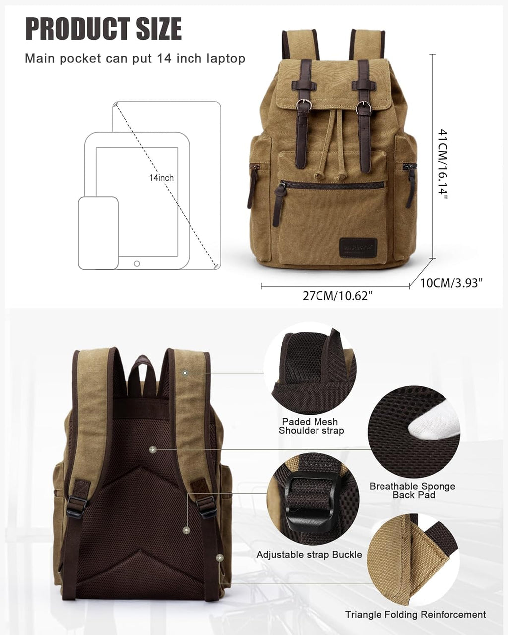 Canvas Vintage Casual Daypack Backpack, Water Resistant Lightweight 14 Inch Laptop Rucksack Hiking Bag, Khaki F849