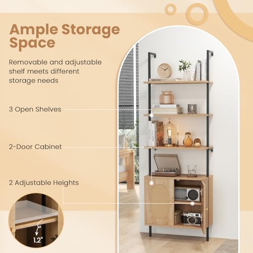 6-Tier Ladder Bookshelf with Cabinet, 71" Tall Wall Mount Shelf Bookcase with Metal Frame & Rattan Cabinet Bottom J195