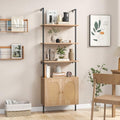 6-Tier Ladder Bookshelf with Cabinet, 71" Tall Wall Mount Shelf Bookcase with Metal Frame & Rattan Cabinet Bottom J195