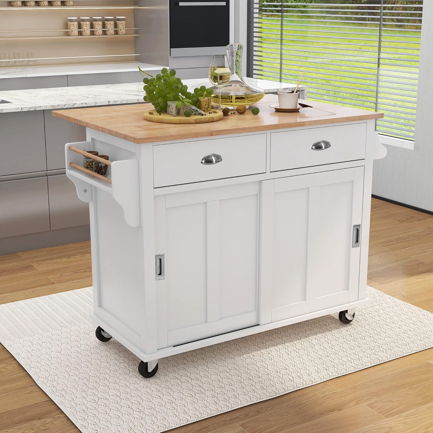 Mobile Kitchen Island Cart with Spice Rack and Towel Rack, Rolling Kitchen Island with Drop Leaf, 2 Drawers and Sliding Barn Doors N990506