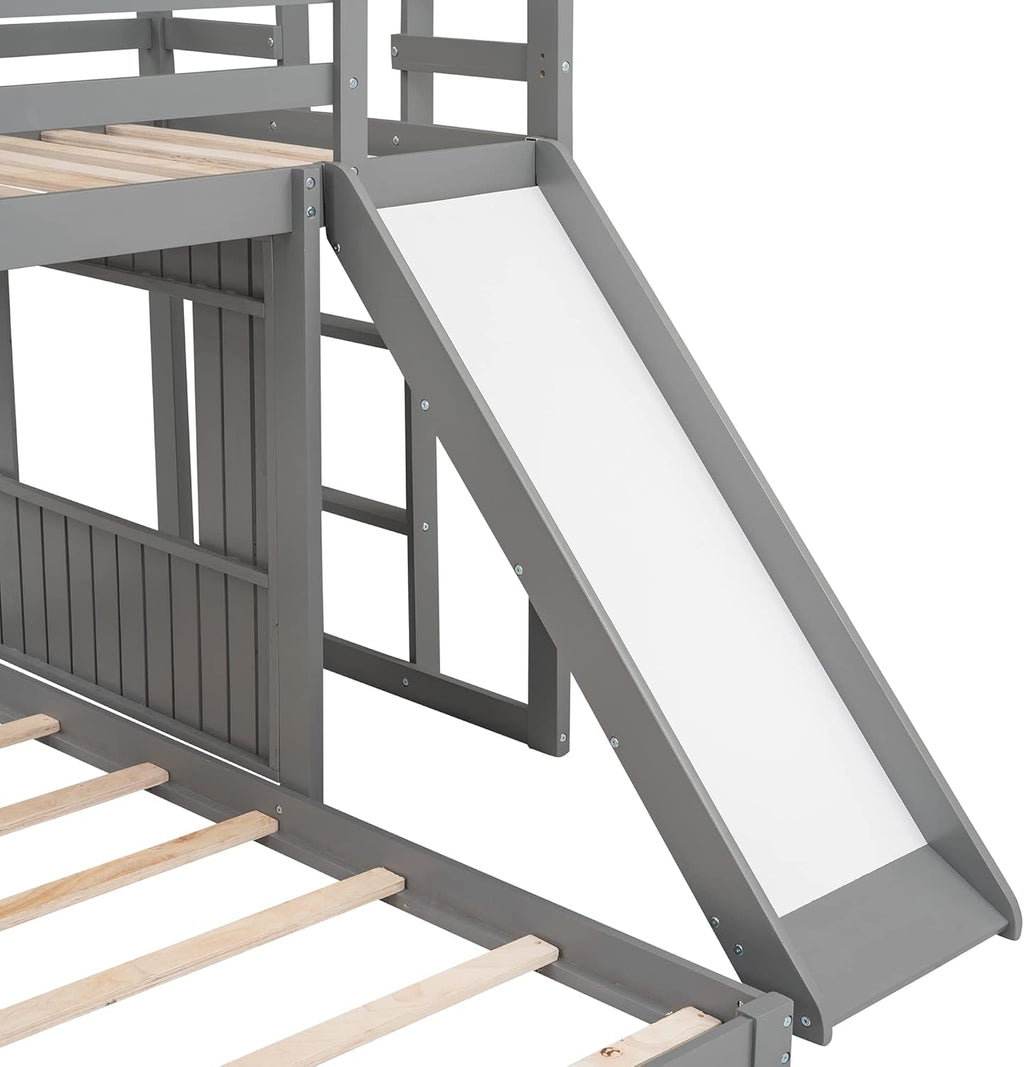 Gray Wood Twin Over Full Bunk Bed with Ladder and Slide R428