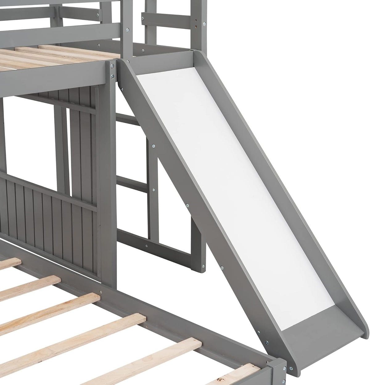 Gray Wood Twin Over Full Bunk Bed with Ladder and Slide R428