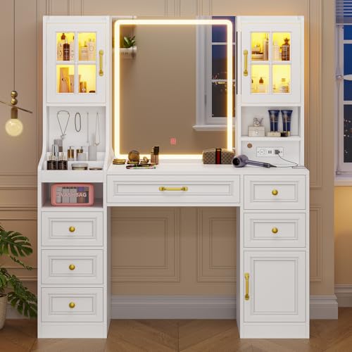White Vanity Desk with Touch Screen Mirror and Lights, 6 Drawers N237208