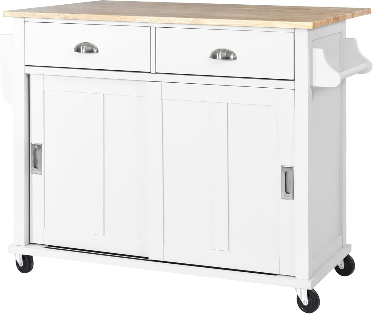 Mobile Kitchen Island Cart with Spice Rack and Towel Rack, Rolling Kitchen Island with Drop Leaf, 2 Drawers and Sliding Barn Doors N990506