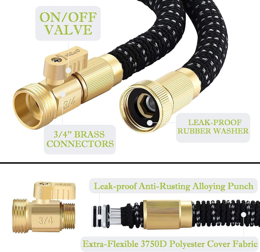 50FT Expandable Garden Hose with 9 Function Nozzle and Solid Brass Fittings Y555