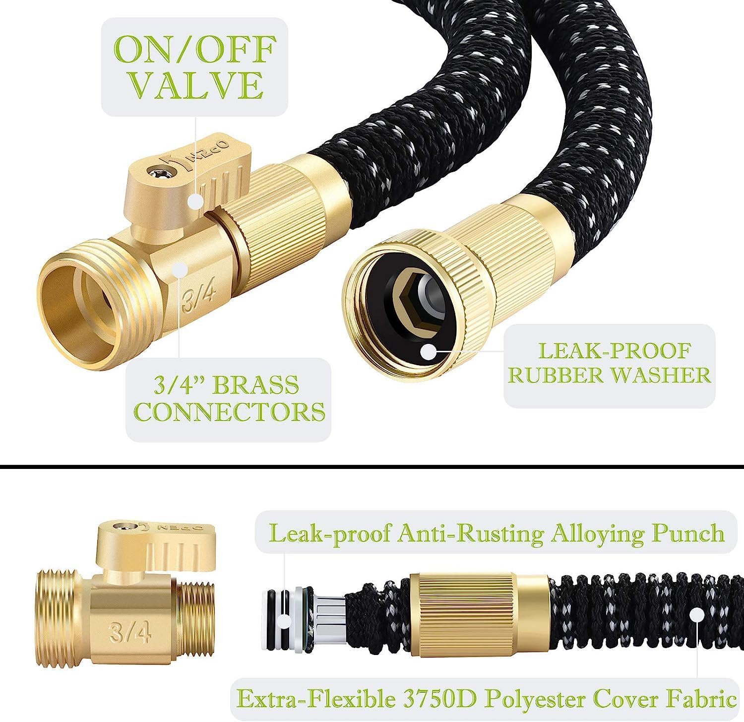 50FT Expandable Garden Hose with 9 Function Nozzle and Solid Brass Fittings Y555