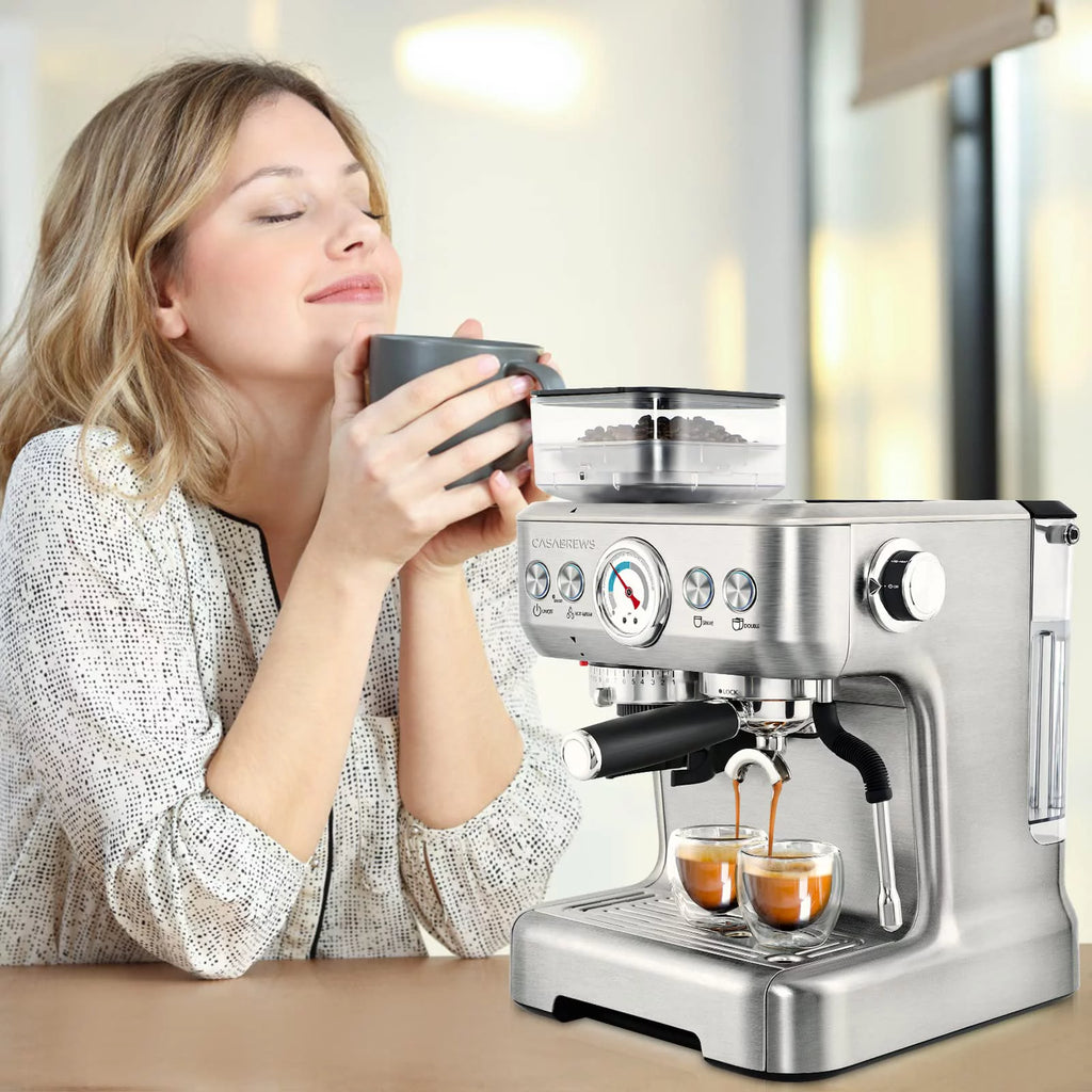 Silver Espresso Machine with Grinder and Milk Frother P1670