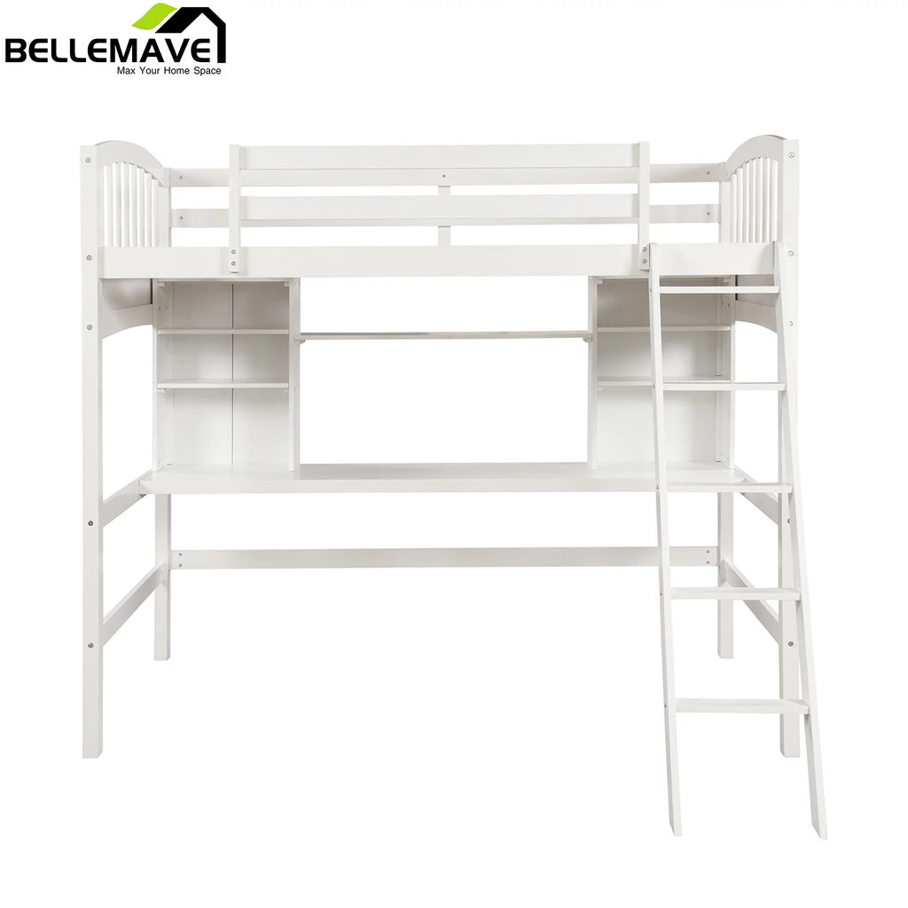 Twin Size High Loft Bed with Storage Shelves, Desk and Ladder Solid Wood Bed Frame with Safety Guardrails White U33426