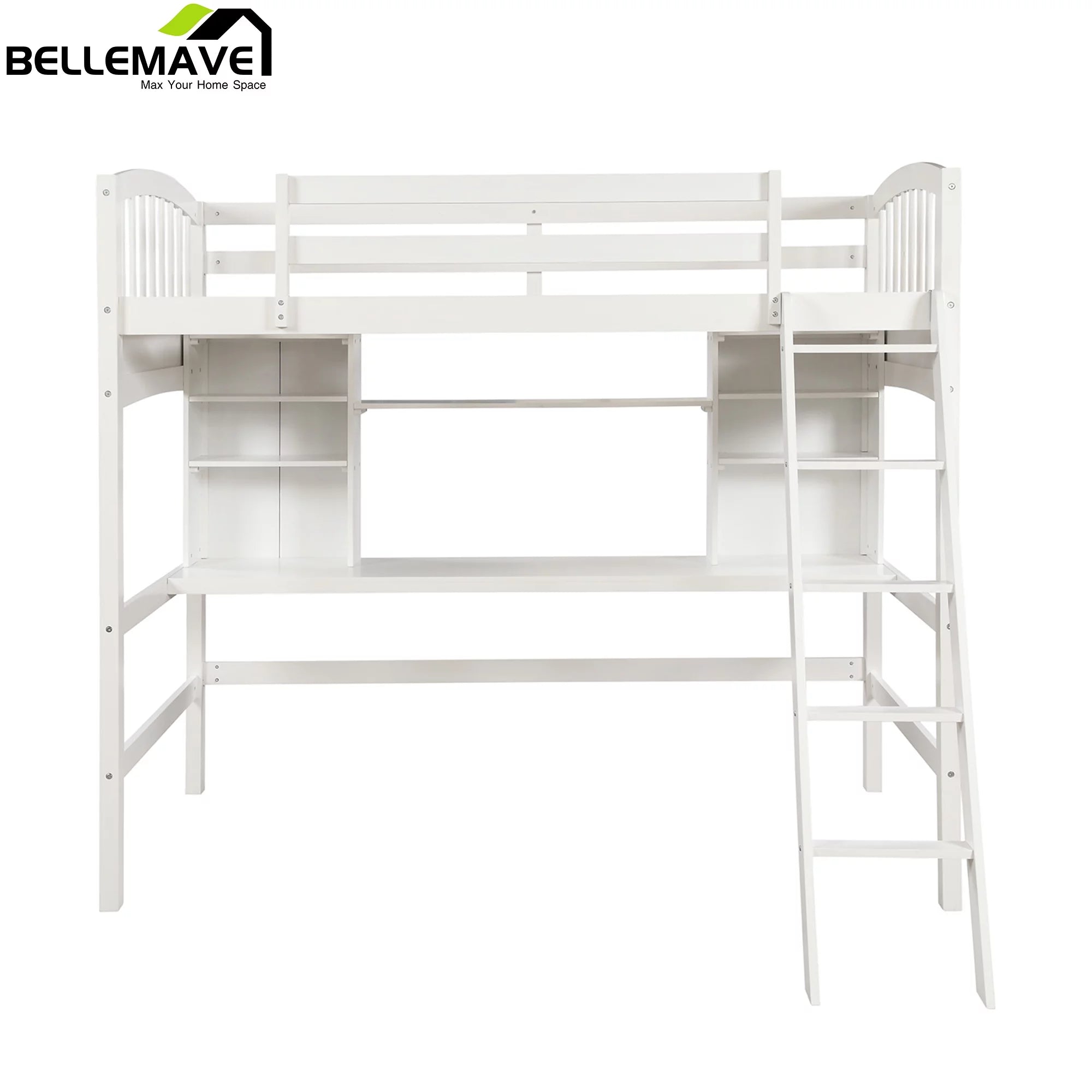 Twin Size High Loft Bed with Storage Shelves, Desk and Ladder Solid Wood Bed Frame with Safety Guardrails White U33426