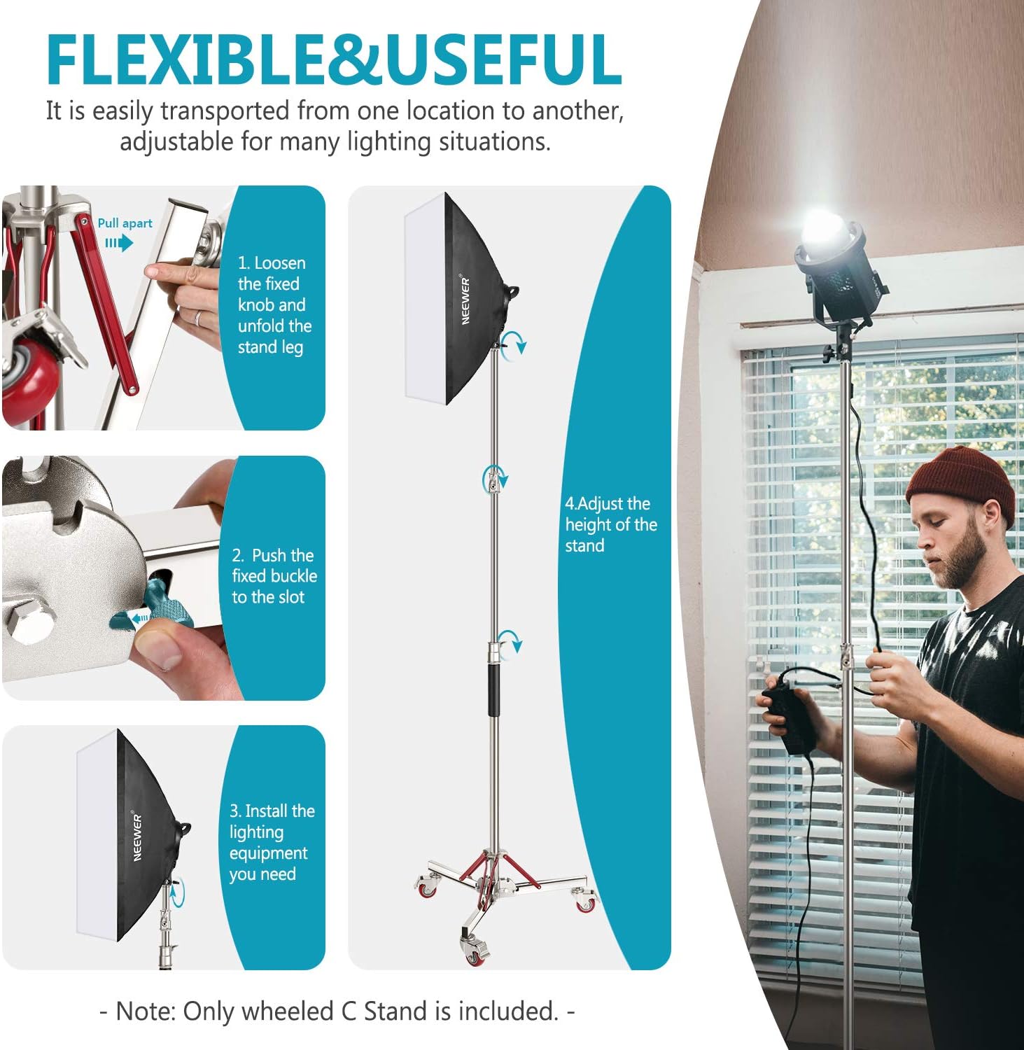 Heavy Duty Light Stand with Casters, Adjustable Tripod Stand, 100% Stainless Steel, Max Height: 10ft/305cm V99131