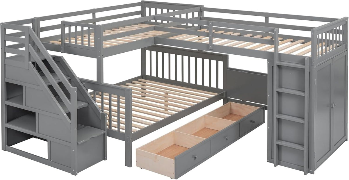 Twin-Twin Over Full L-Shaped Bunk Bed with 3 Drawers Wardrobe Solid Wood Grey H84046