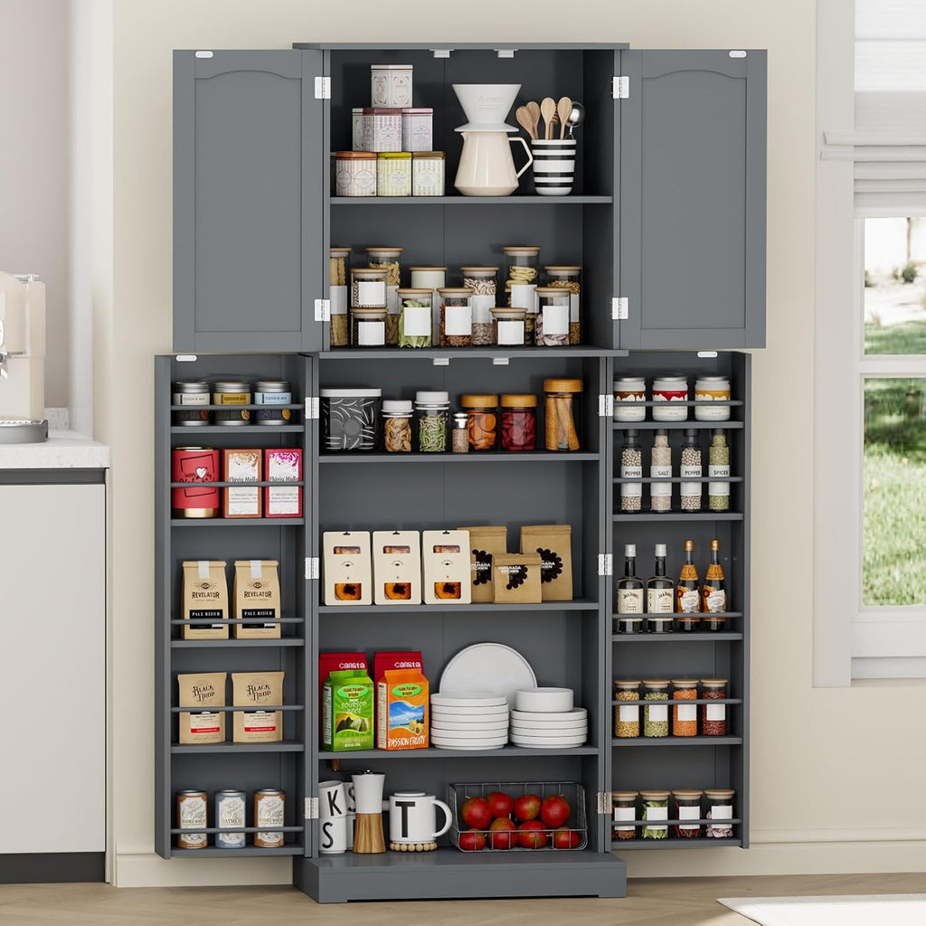 Gray Tall Freestanding Kitchen Pantry Cabinet with Doors and Shelves J403067