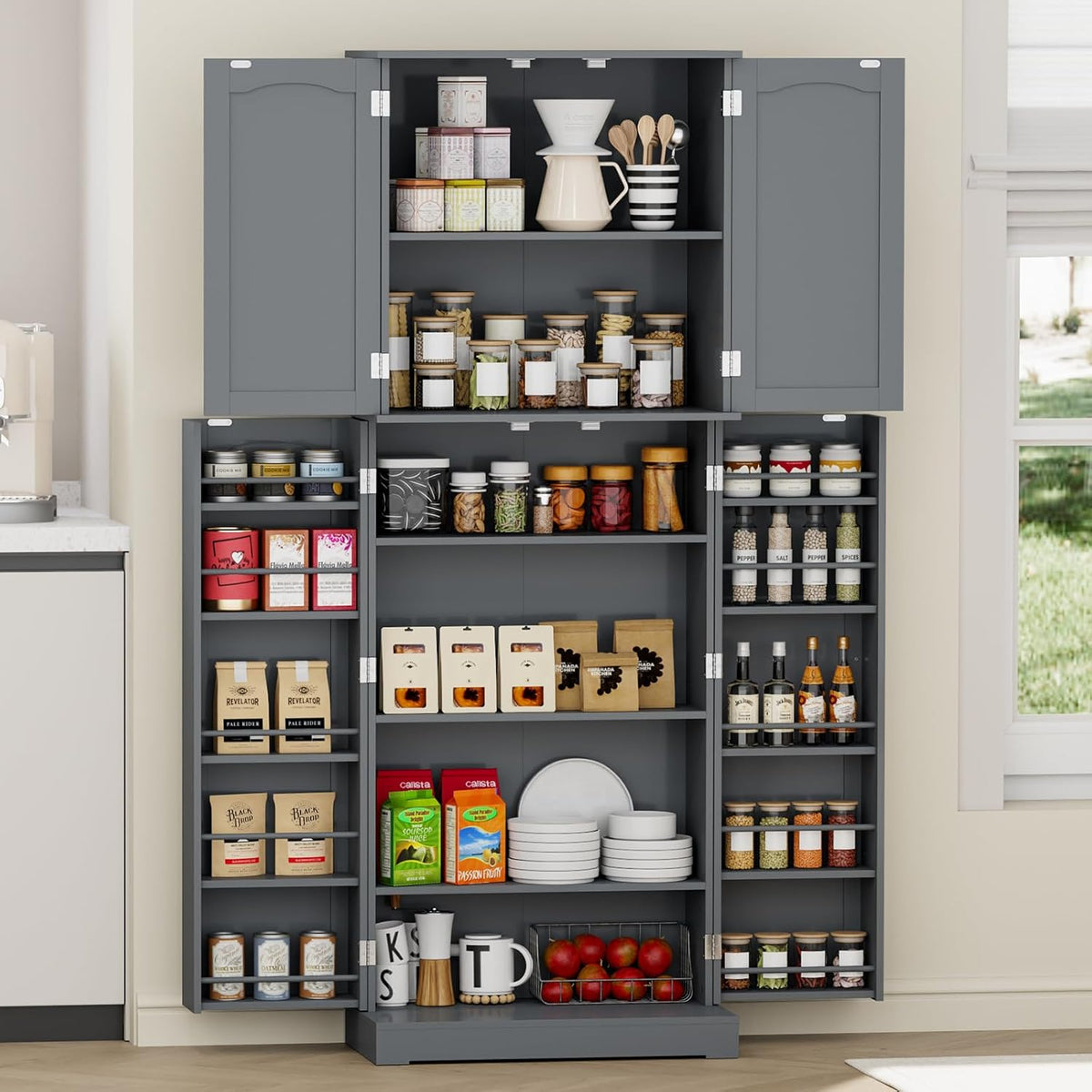 Gray Tall Freestanding Kitchen Pantry Cabinet with Doors and Shelves J403067