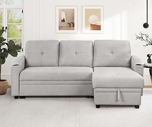 80.3" Linen Fabric 3 Seater Sofa Bed with Storage Chaise W1995