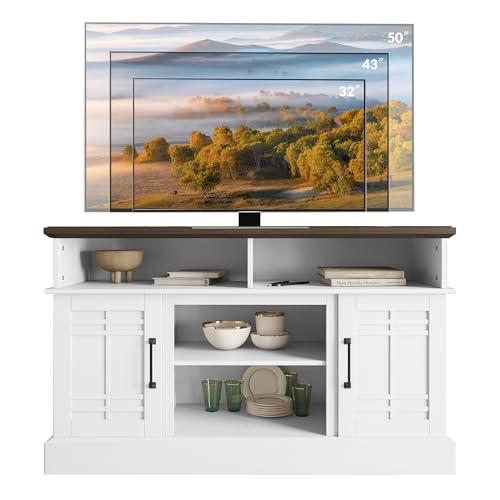 White Wood TV Stand with Open Storage Shelves and Cabinets D4660