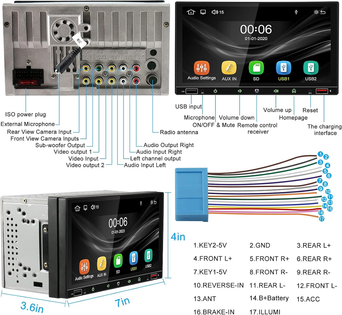 7 Inch Double Din Car Stereo with Touchscreen Bluetooth I30809