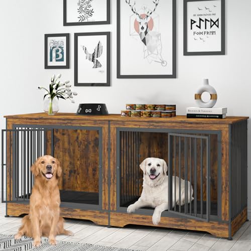 75 Inch Double Dog Crate Furniture Rustic Brown with Trays and Divider J395