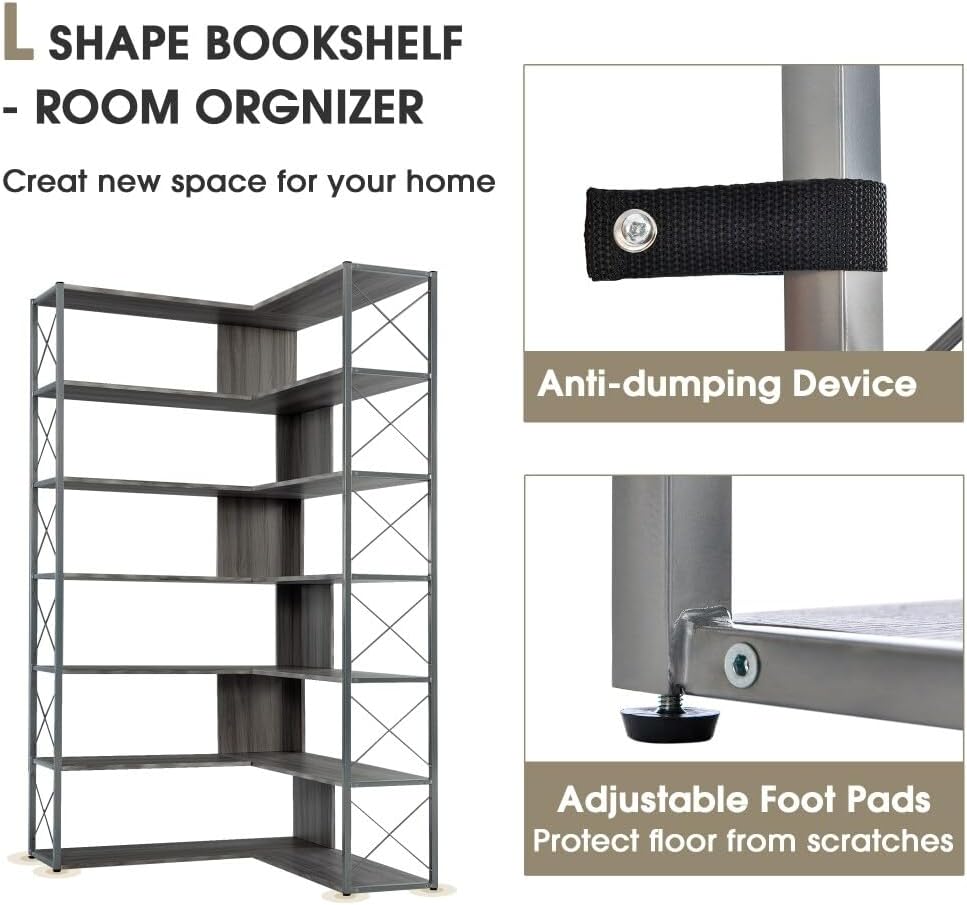 7-Tier L-Shaped Corner Bookcase Open Storage Silver MDF M8707