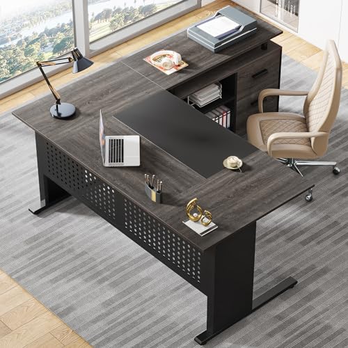 Gray and Black L Shaped Executive Desk with File Cabinet and Drawers X179