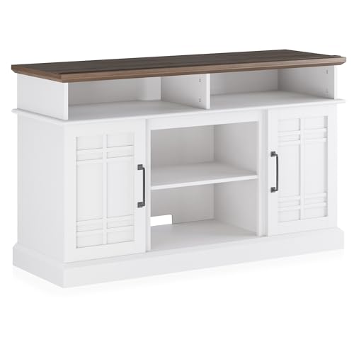 White Wood TV Stand with Open Storage Shelves and Cabinets D4660