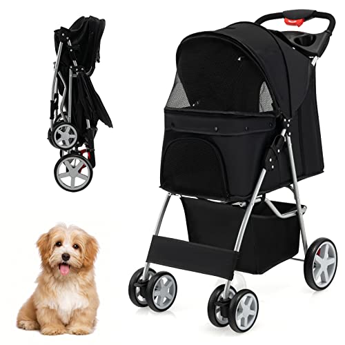 4 Wheels Folding Pet Stroller with Storage Basket and Adjustable Canopy K43758