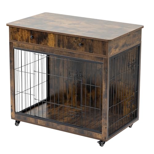 Grey 31.7" L×23.2" W×33" H Wooden Dog Crate with 2 Drawers Z86390