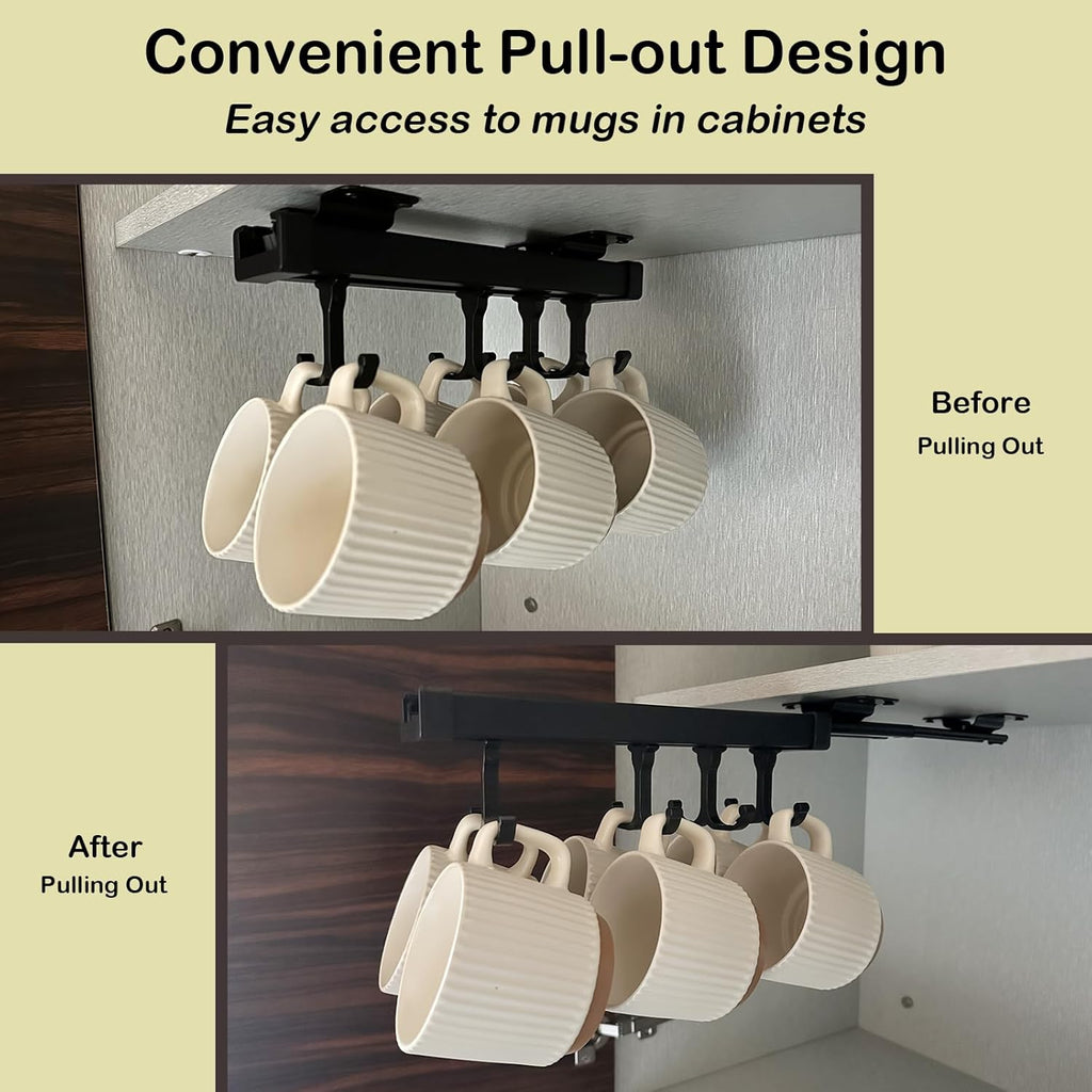 Black Pull Out Mug Holder with 8 Hooks I95600
