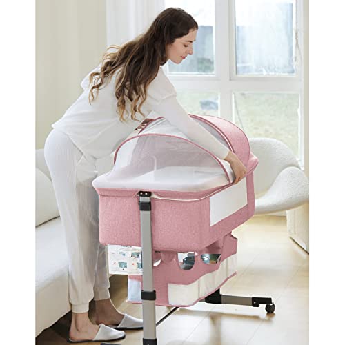 Pink Baby Bassinet Bedside Sleeper with Storage Basket Q500